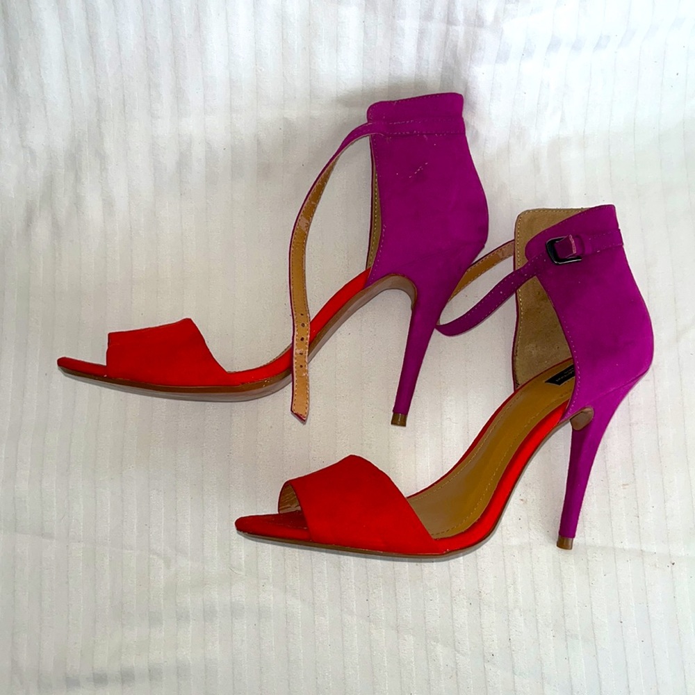 Zara Basic Sandals Fuchsia Pink Salmon Coral Genuine Suede Ankle Strap